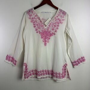 Gretchen Scott Cotton Embroidered Tunic The Reef White Pink Small Coastal Resort